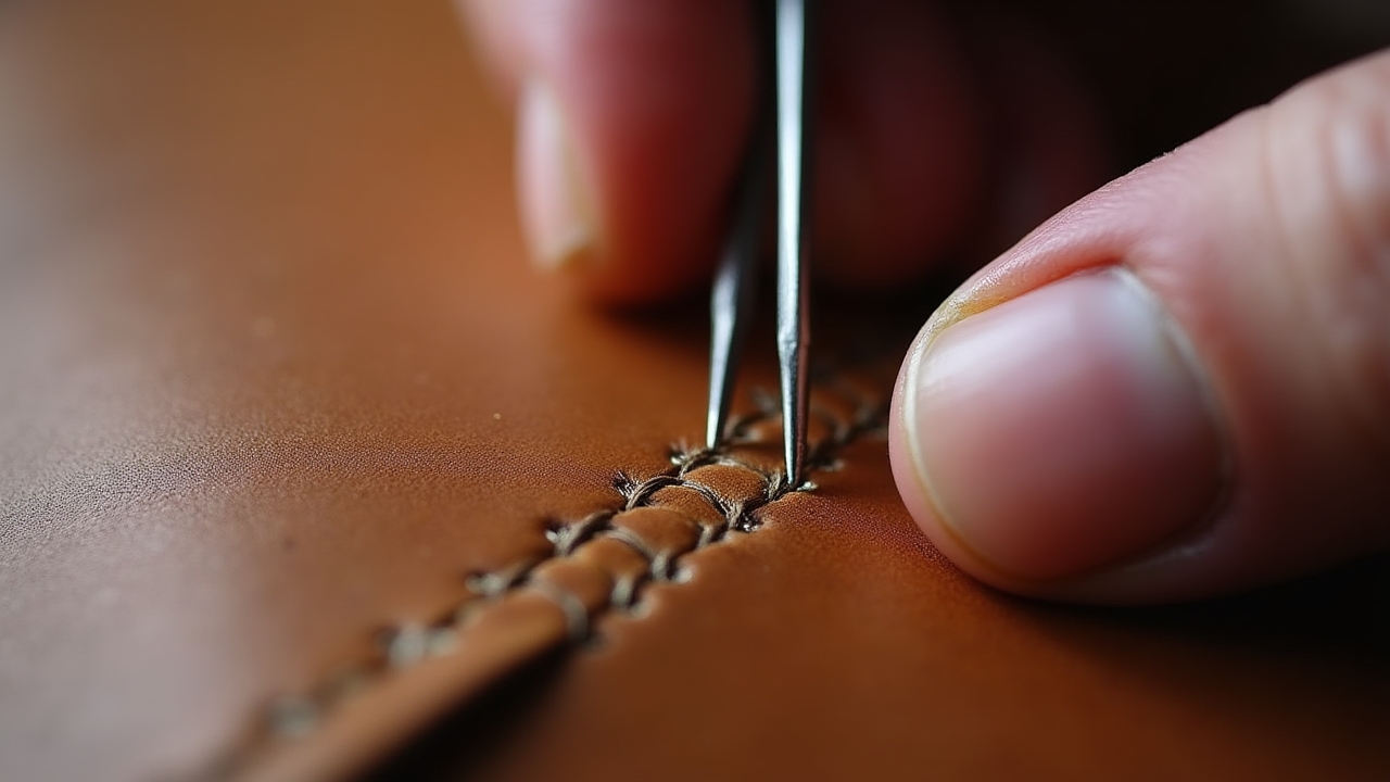 Close-up of hand stitching leather with saddle stitch technique
